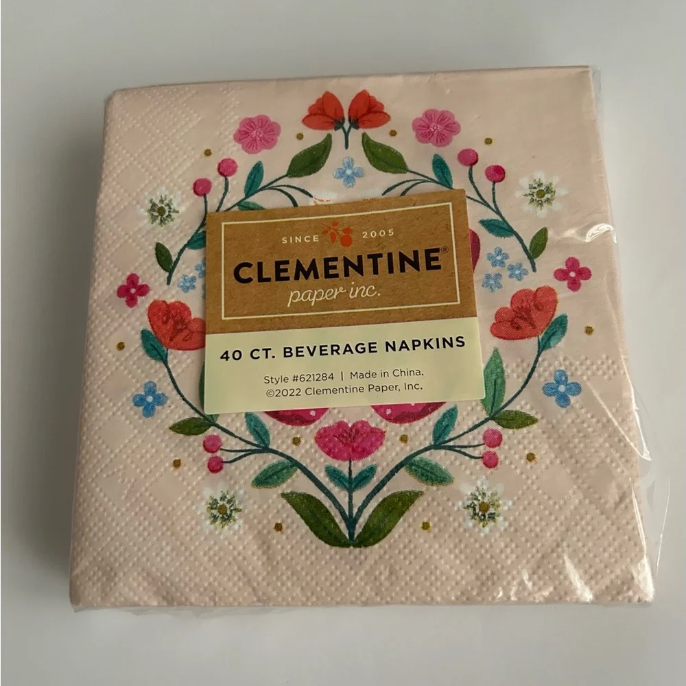New 40 Pink Paper Beverage Napkins Clementine Butterflies Flowers Leaves